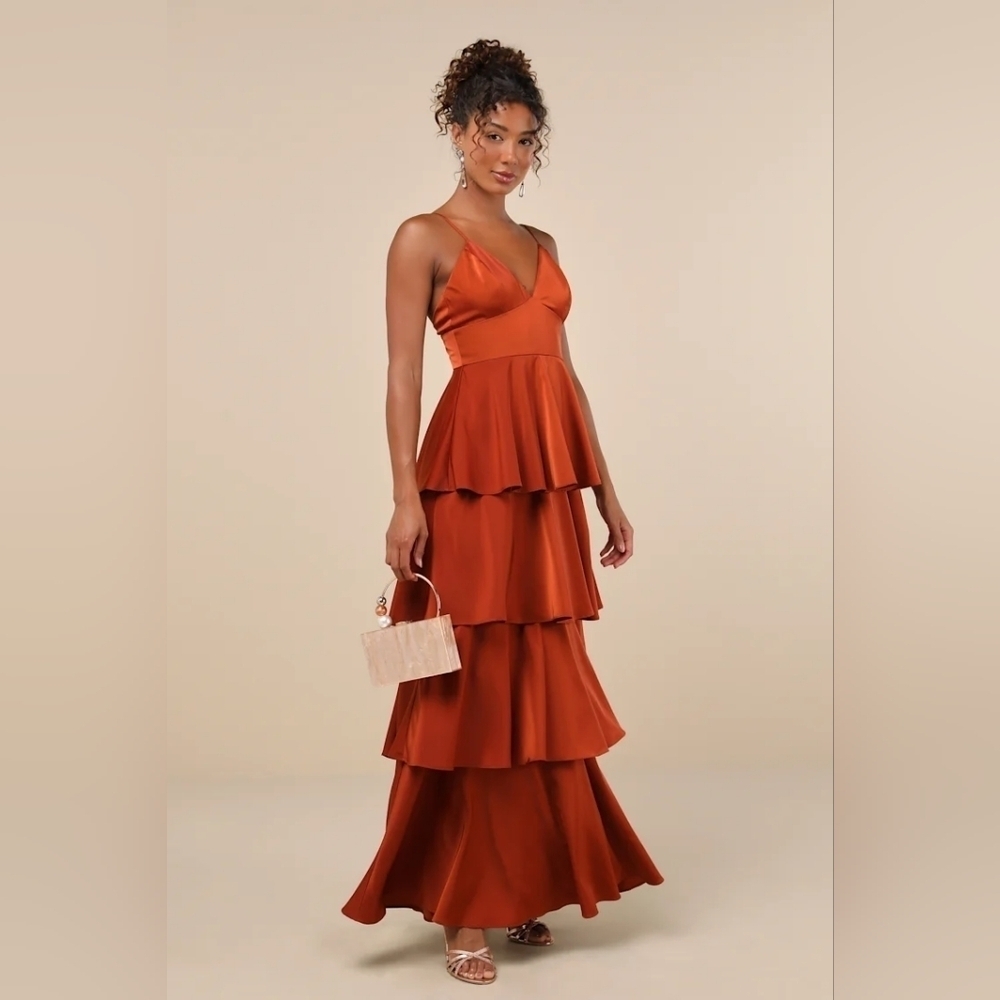 Lulus Going with Elegance Rust Brown Satin Tiered Gown Wedding Party Formal - Picture 2 of 9